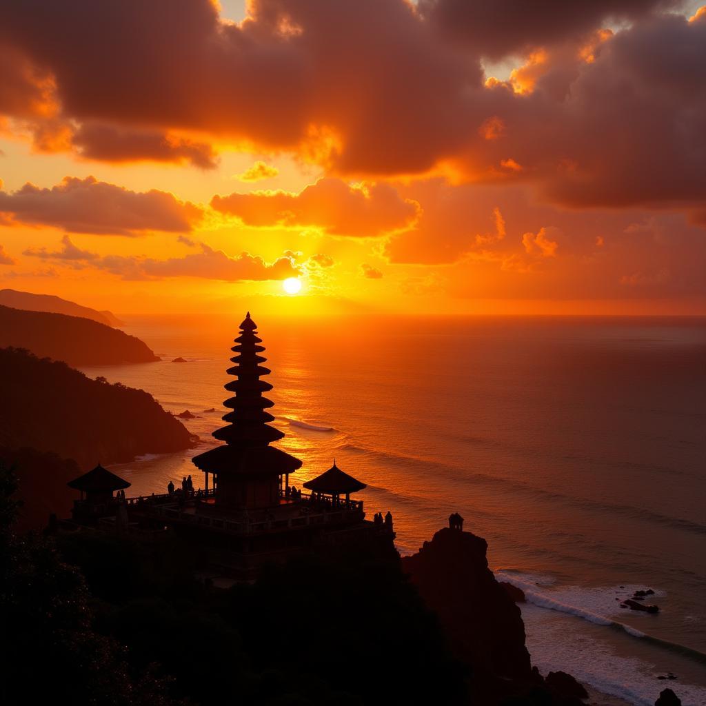 Đền Uluwatu Bali với khung cảnh hoàng hôn tuyệt đẹp, ánh nắng chiều tà nhuộm đỏ cả bầu trời và biển cả.