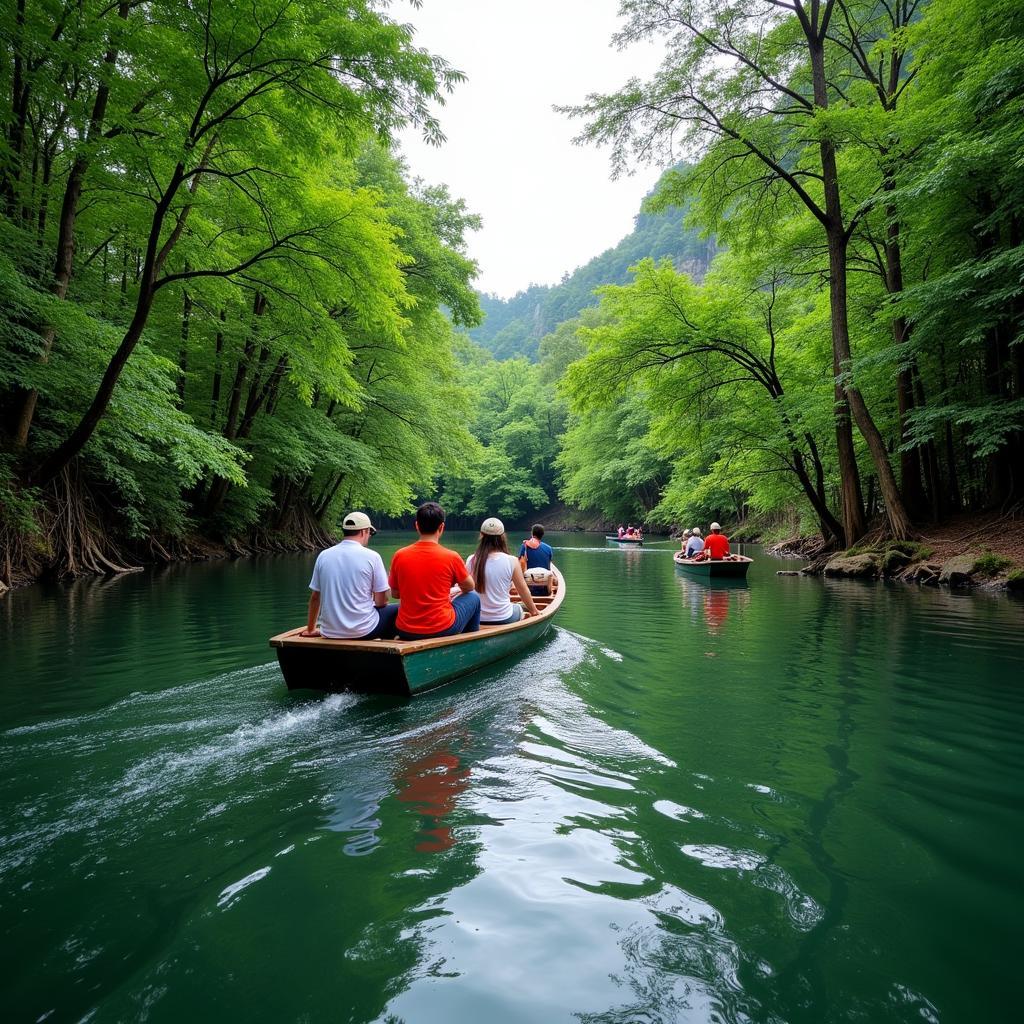 Du khách đang chèo thuyền khám phá rừng tràm tại khu du lịch Lung Ngọc Hoàng, Đồng Tháp. Hình ảnh thể hiện sự yên bình và gần gũi với thiên nhiên.