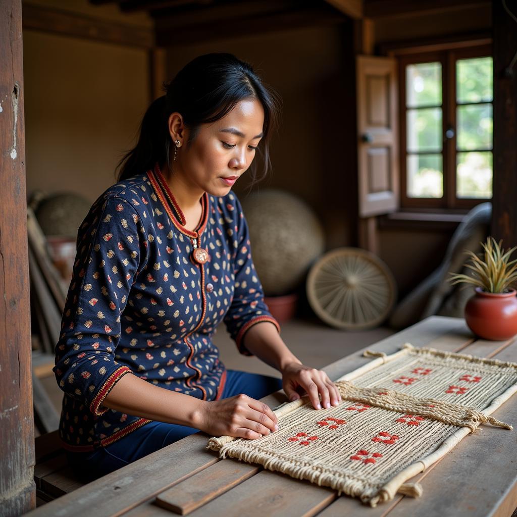 Nghệ nhân đang dệt chiếu tại làng chiếu Bàn Thạch, Thái Bình