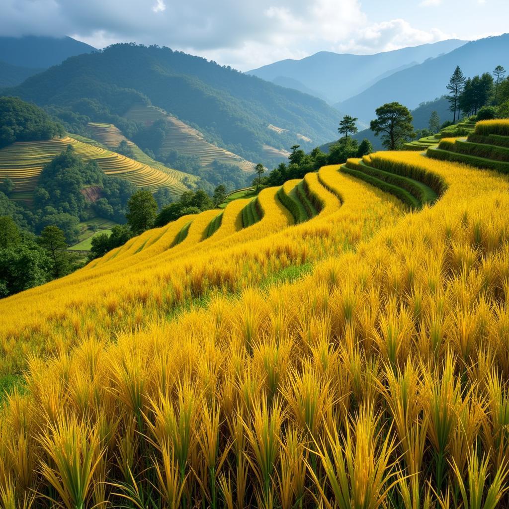 Ruộng bậc thang Mù Cang Chải mùa lúa chín vàng rực dưới ánh nắng, tạo nên khung cảnh đẹp như tranh vẽ.